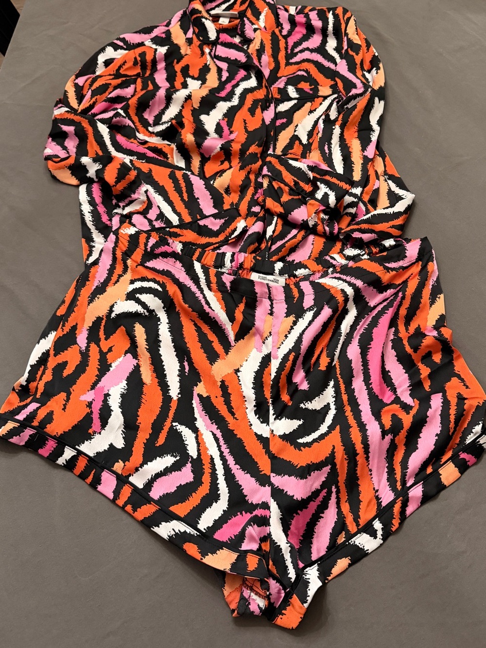 Diane Von Furstenberg Pink, Orange & Black Zebra-Print Satin High-Waist Shorts